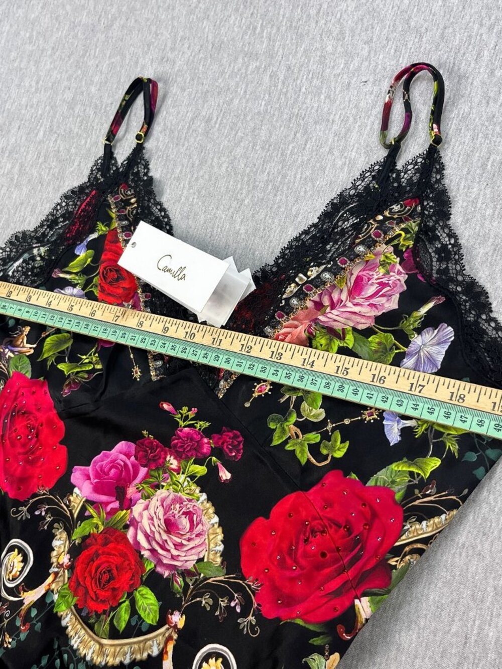 Camilla V-Neck Bias Slip Nightie Womens M Floral Lace "Reservation For Love" NEW - Picture 10 of 12